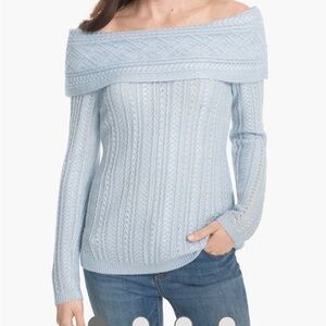 White House Black Market Off The Shoulder Cable Knit Sweater Sky Blue Sz S